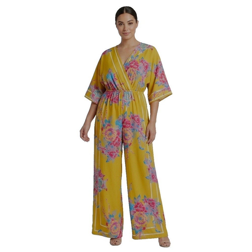 Flying Tomato Jumpsuit Womens Size Medium Gold Floral Print 3/4 Sleeve V-Neck